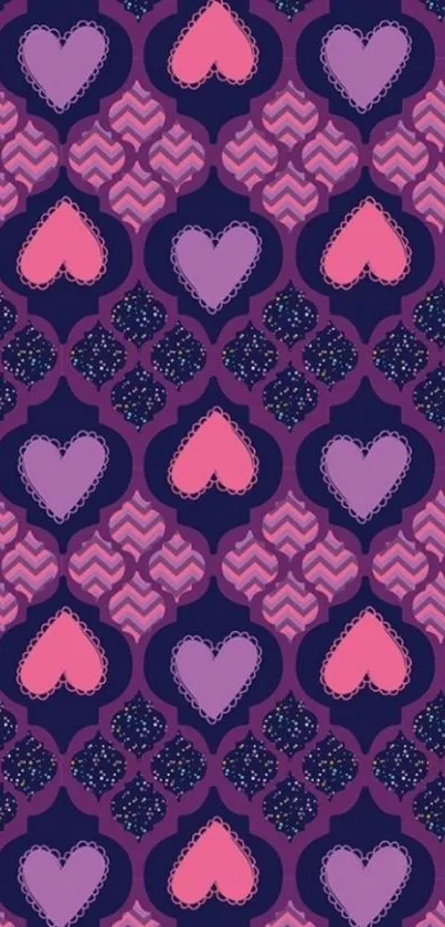 Mobile wallpaper with colorful heart pattern in purple and pink tones.