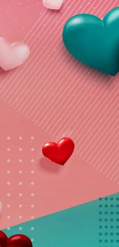 Mobile wallpaper with colorful 3D hearts on a geometric background.