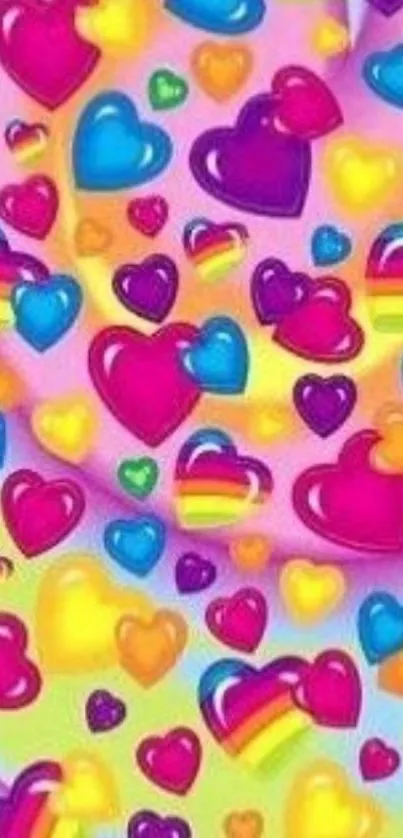 Colorful hearts pattern mobile wallpaper with pink, blue, and rainbow colors.