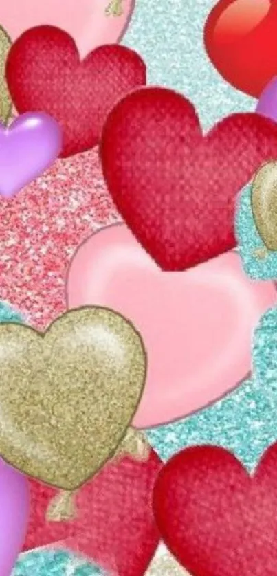 Colorful hearts wallpaper with glitter and vibrant patterns.