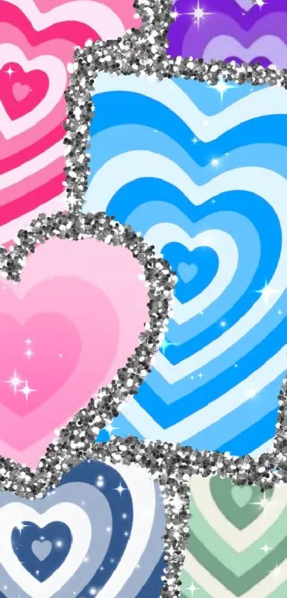 Vibrant wallpaper with glittering hearts in blue, pink, and purple shades.