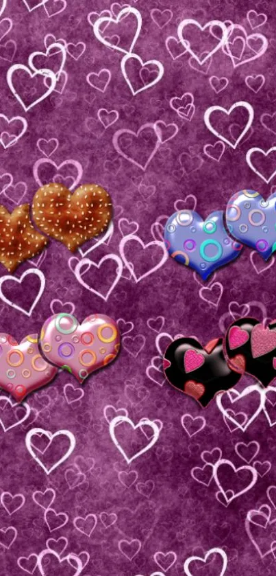 Colorful heart patterns on a purple background wallpaper.