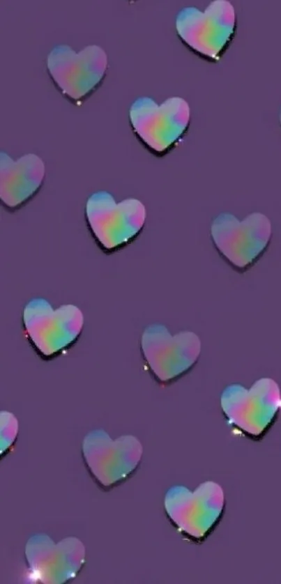 Colorful holographic hearts on a purple background, perfect for mobile wallpaper.