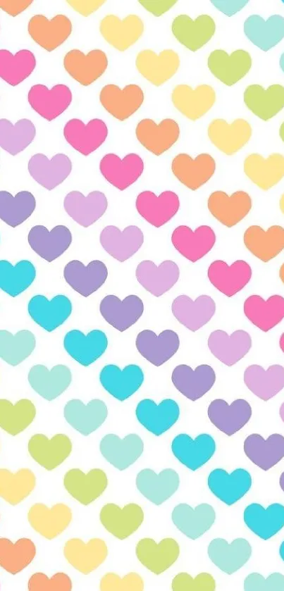 Vibrant pastel heart pattern wallpaper with rainbow colors for mobile.