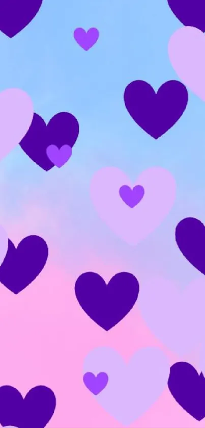 Purple and pink hearts on a blue gradient background.