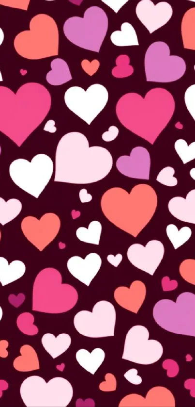 A vibrant wallpaper featuring colorful hearts on a maroon background.