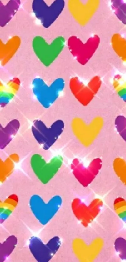 Vibrant heart pattern wallpaper with rainbow colors and sparkling pink background.