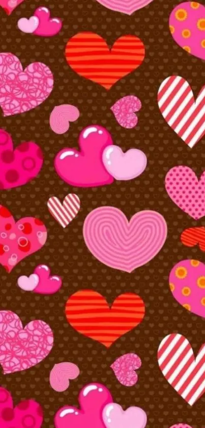 Colorful hearts pattern on a brown background.