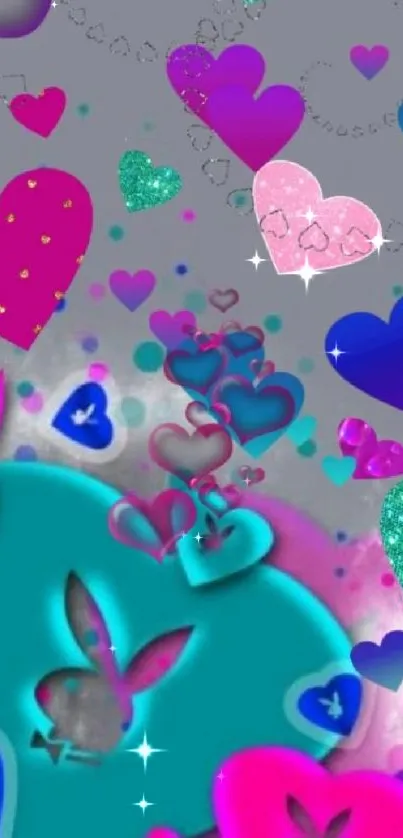 Colorful mobile wallpaper with vibrant heart designs in pink, blue, and teal hues.