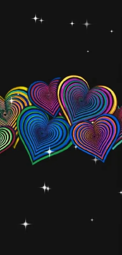 Vibrant colorful heart patterns on a black background.