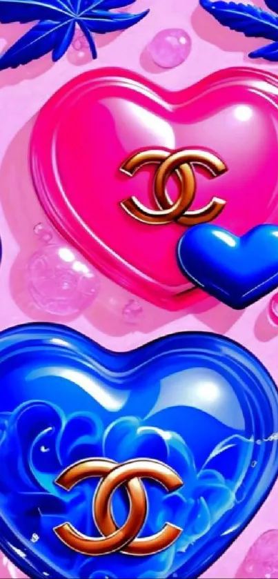 Pink and blue heart design with a logo accent.