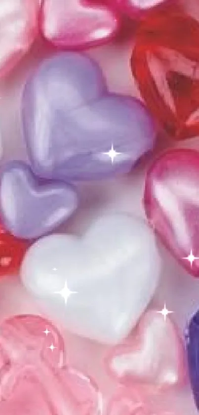 Colorful heart-themed mobile wallpaper with red, pink, and purple hearts.