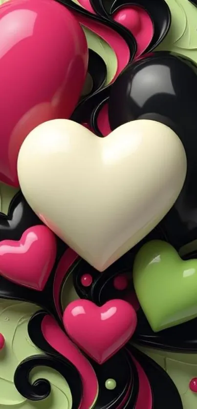 Colorful heart-themed mobile wallpaper with vibrant patterns.