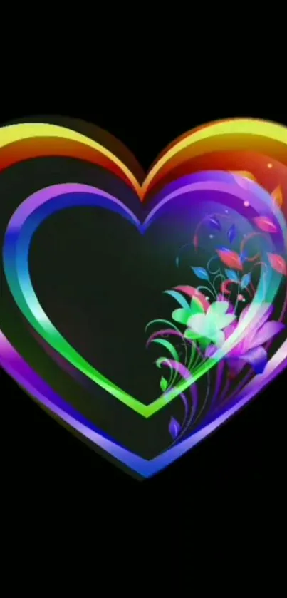 Multicolored heart with floral design on a black background.