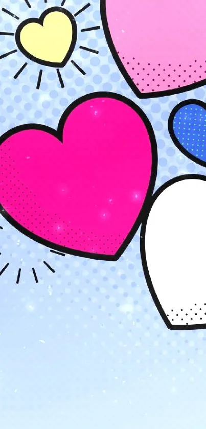 Colorful pop art hearts on blue background.