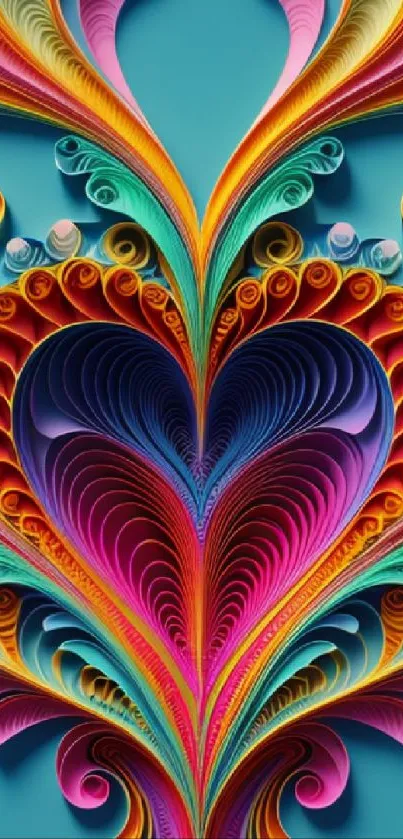 Vibrant and colorful heart-shaped psychedelic art wallpaper.