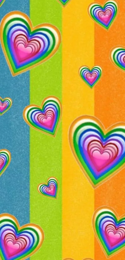 Colorful rainbow hearts on striped background wallpaper.