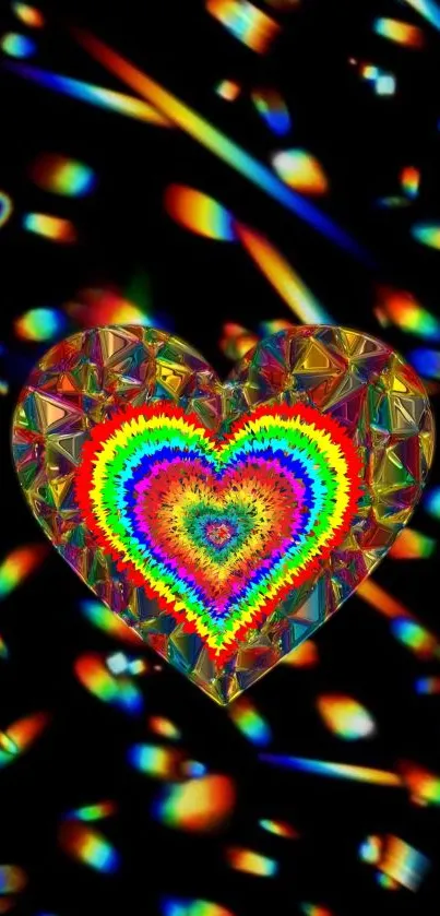 Vibrant rainbow heart mobile wallpaper with abstract art on a black background.