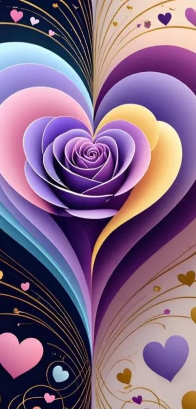 Colorful heart and rose design wallpaper.