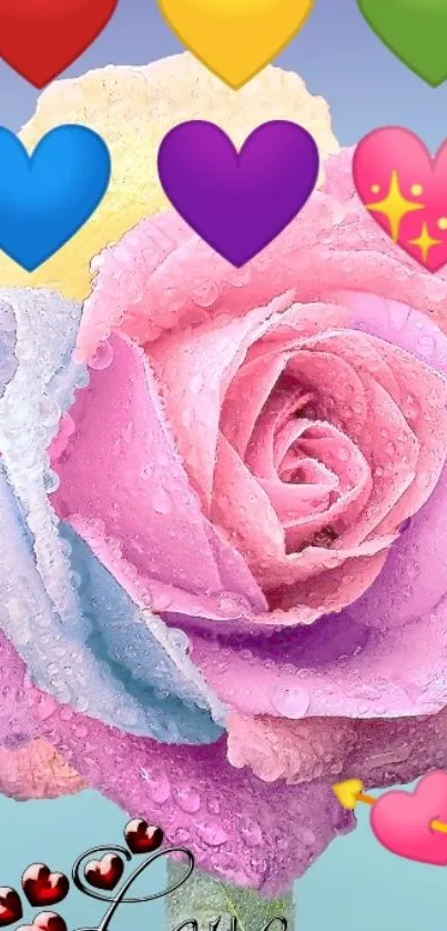 Colorful rose with hearts mobile wallpaper.