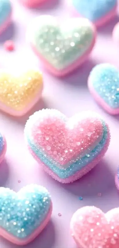 Pastel heart-shaped candies with glitter coating