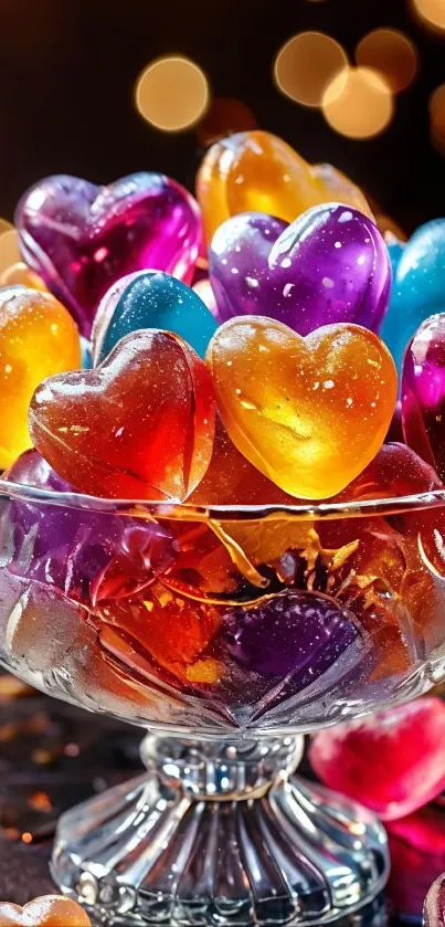Glass bowl filled with colorful heart-shaped candies with a bokeh background.