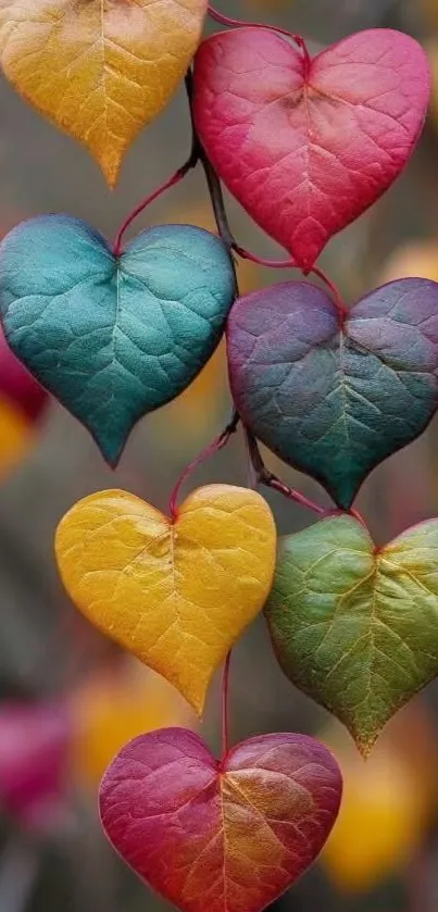 Vibrant heart-shaped colored leaves in autumn hues.