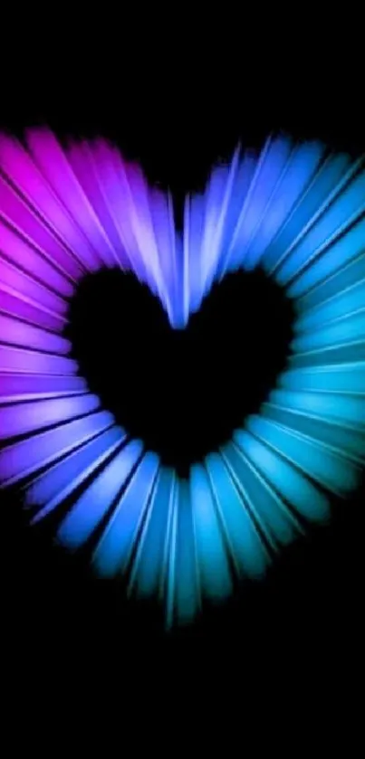 Heart-shaped gradient light wallpaper in blue and purple on a black background.