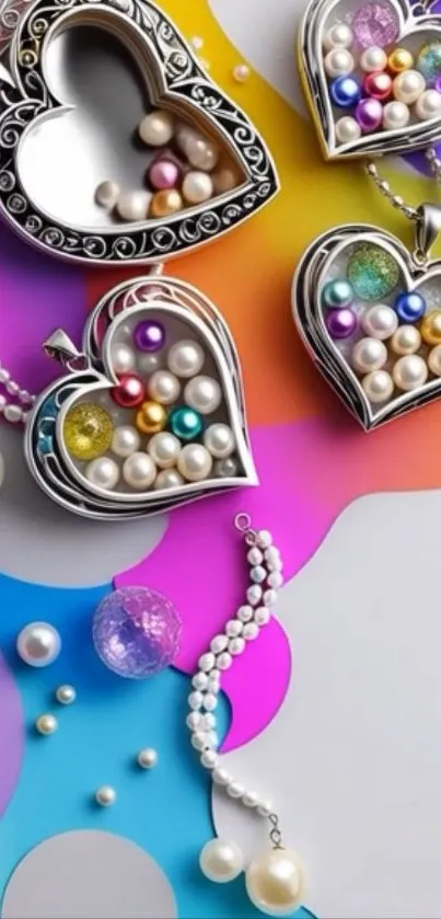 Colorful heart-shaped pearl jewelry on vibrant background.