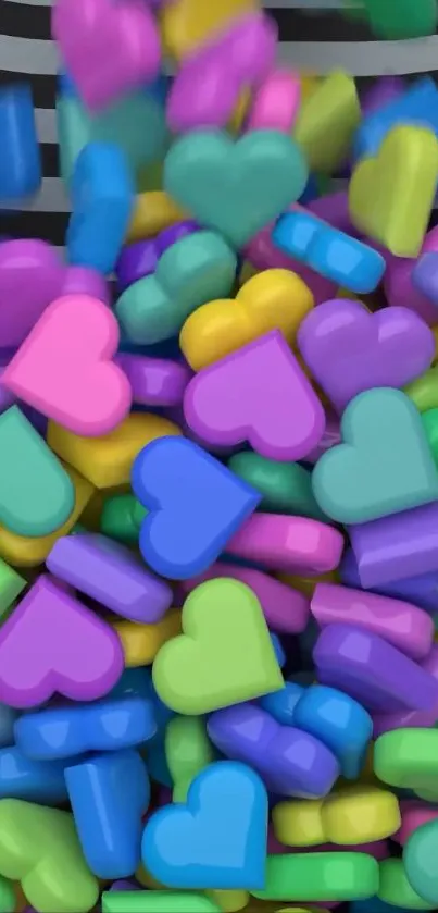 3D colorful heart shapes on a vibrant wallpaper background.