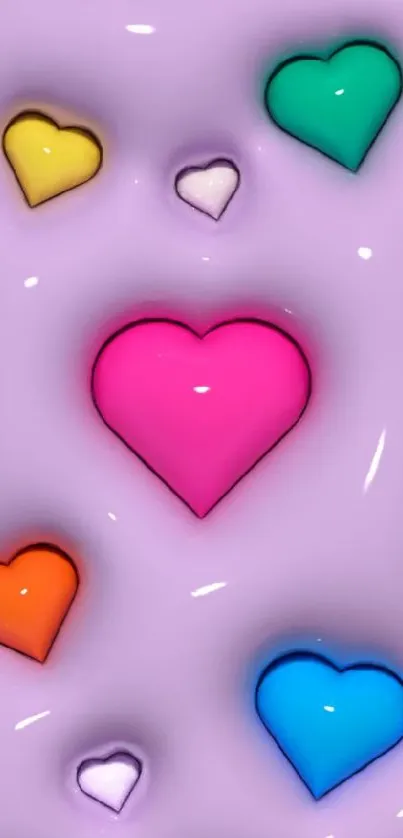 Mobile wallpaper with colorful hearts on a lavender background.