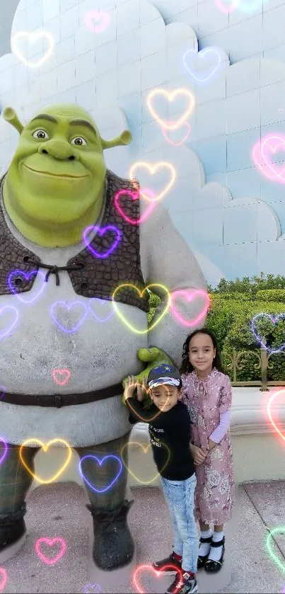 Shrek mobile wallpaper with colorful neon hearts and children.