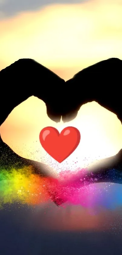 Silhouette of hands forming a heart against a colorful background.