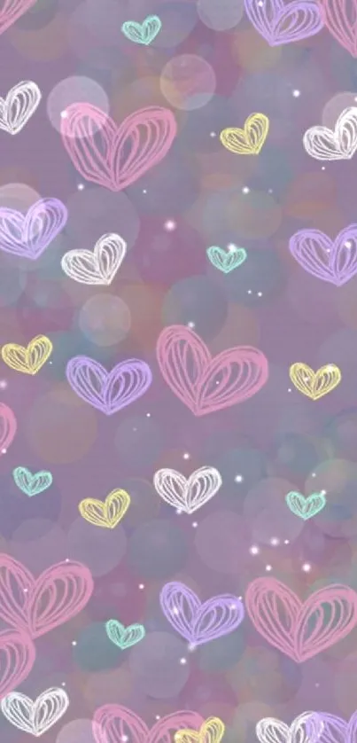 Colorful hearts sketched on a purple background wallpaper.