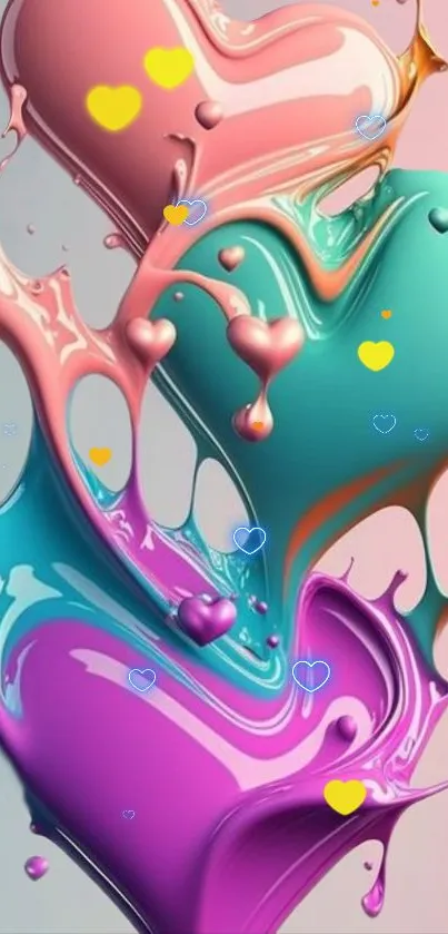 Colorful hearts splashing in vibrant hues on a mobile wallpaper background.