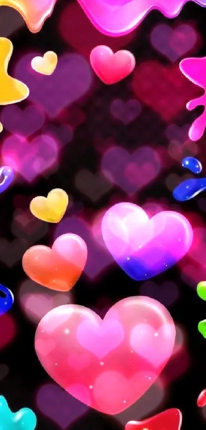 Vibrant colorful hearts and splashes wallpaper.