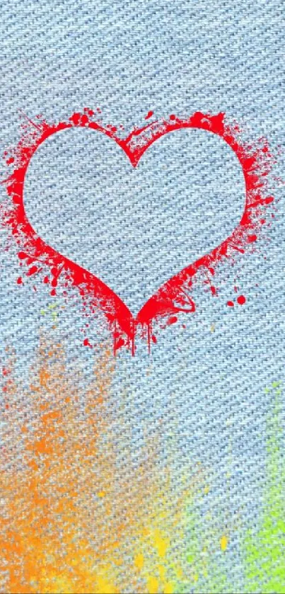 Colorful heart splash on denim texture background.