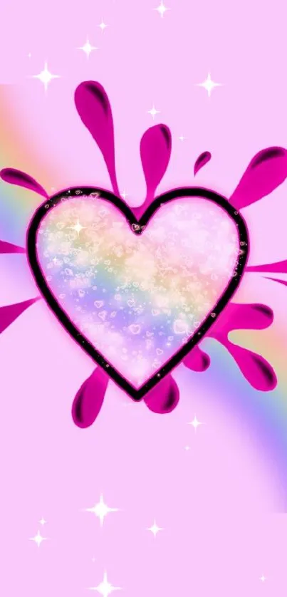 Vibrant heart splash with pastel rainbow on light pink background.