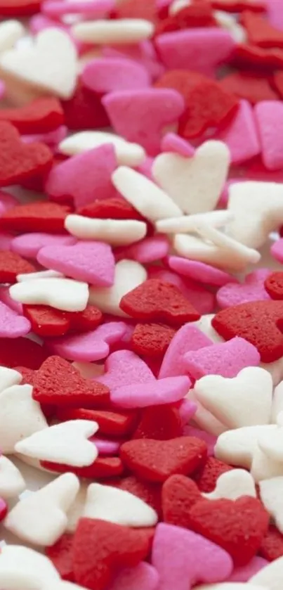 Colorful heart sprinkles wallpaper in red, pink, and white hues.