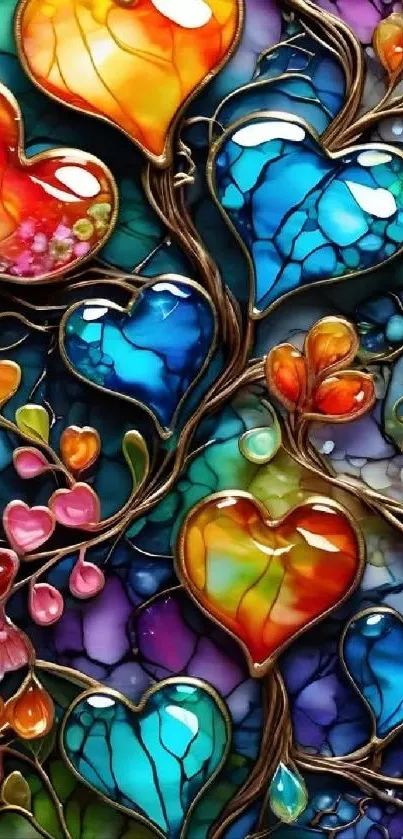 Colorful stained glass hearts design wallpaper.