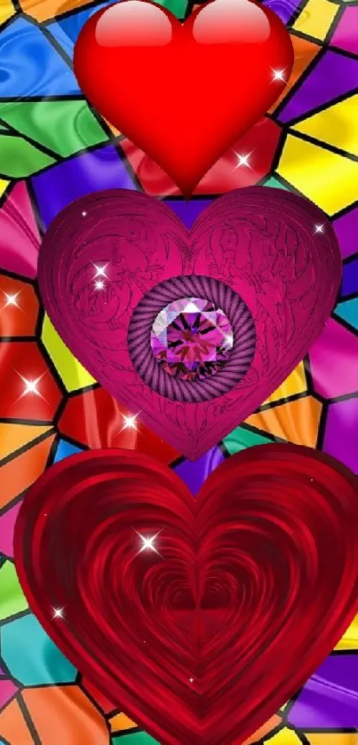 Three vibrant hearts on stained glass background.