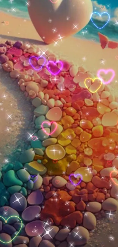 Heart-shaped, colorful stone pathway on a sandy beach with sparkling lights.