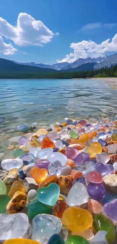 Colorful heart-shaped stones by a crystal clear mountain lake under blue skies.