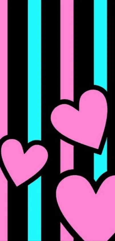Pink hearts on blue and black striped background wallpaper.