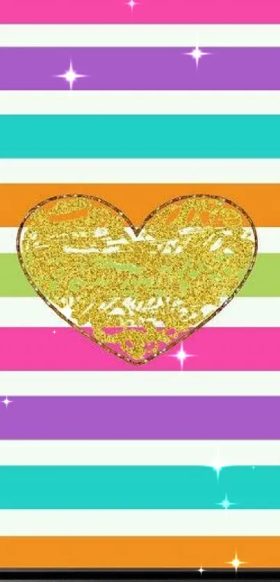Heart on colorful striped background with glittering effect.