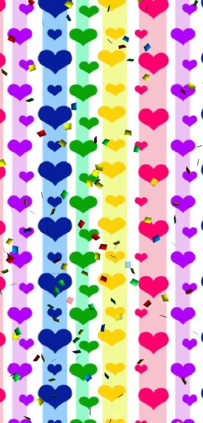 Colorful heart stripes wallpaper with red, blue, and green hues.