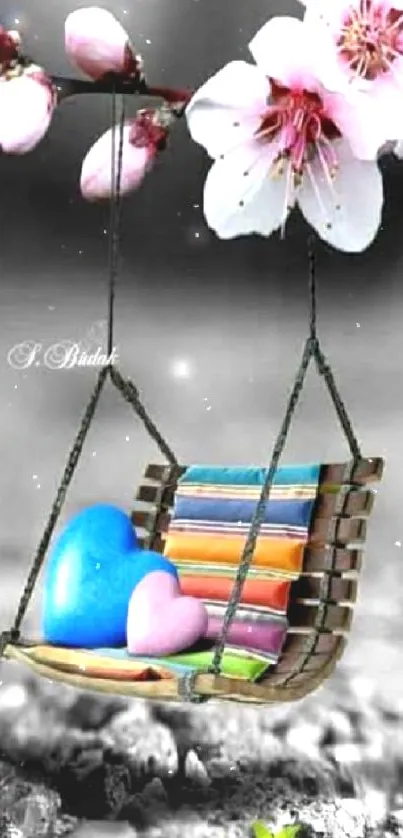 Colorful hearts on a swing with flowers and a gray background.