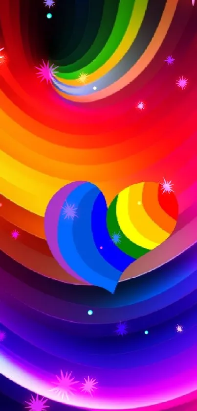 Colorful heart swirl wallpaper with vibrant rainbow tones.