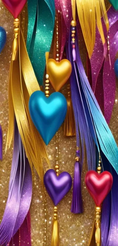 Colorful heart tassels and glitter background wallpaper.