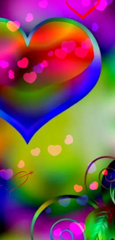 Colorful heart-themed wallpaper with vibrant and glowing patterns.